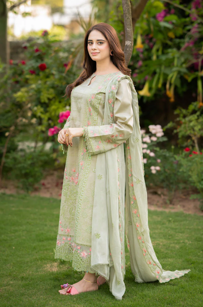 Dhanak 3PC Embroidered Shirt with Organza Embroidered Dupatta – ZC3386