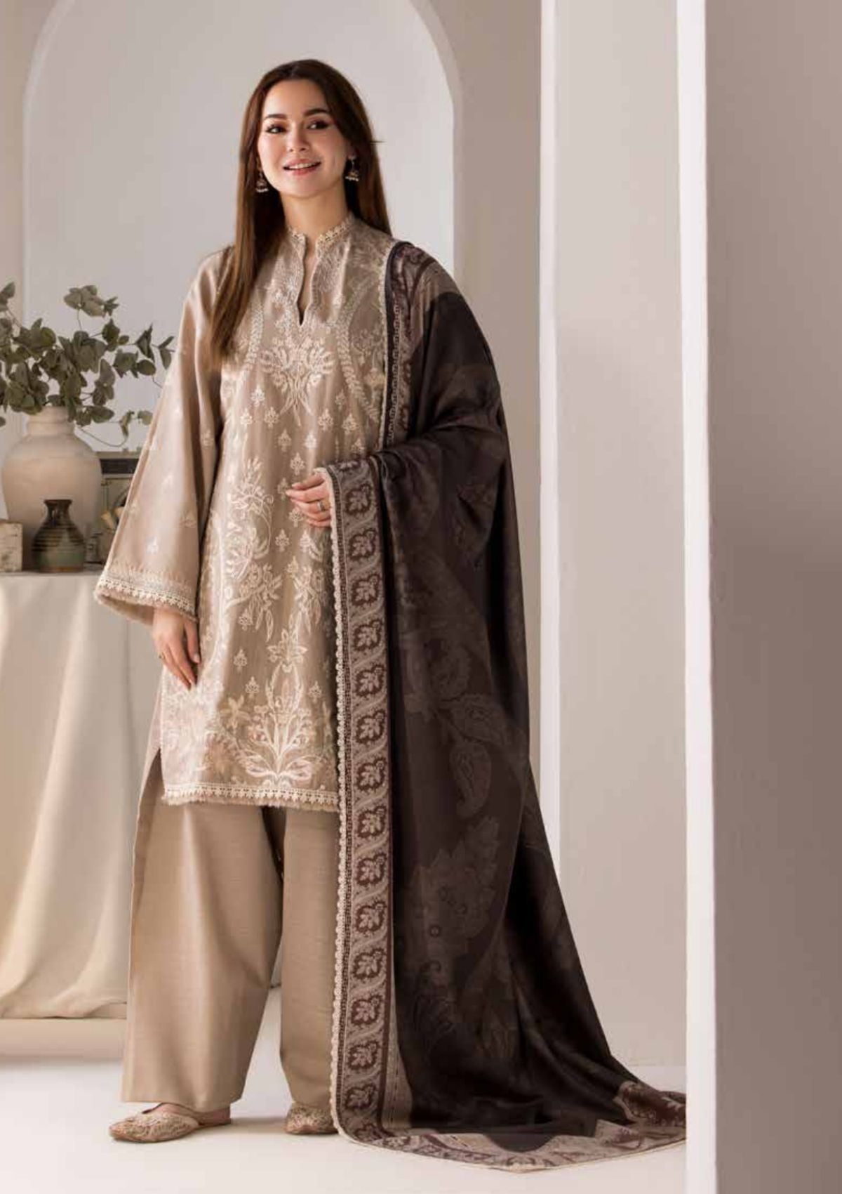 SOBIA NAZIR 3PC Dhanak Embroidered Shirt with Digital Printed Shawl & Trouser – ZC692