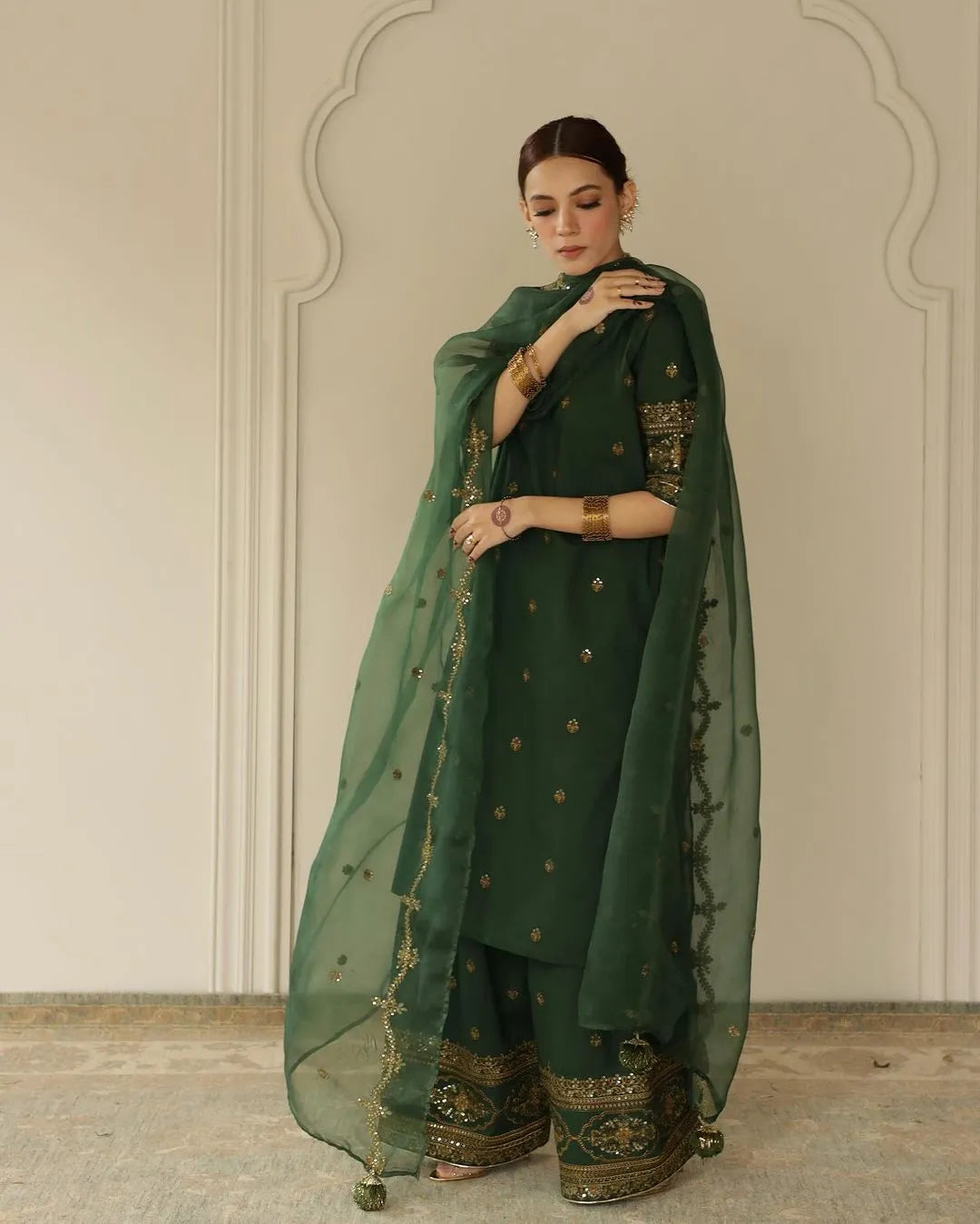 Dhanak-3PC Embroidered Shirt with Organza Sequence Embroidered Dupatta - 3444