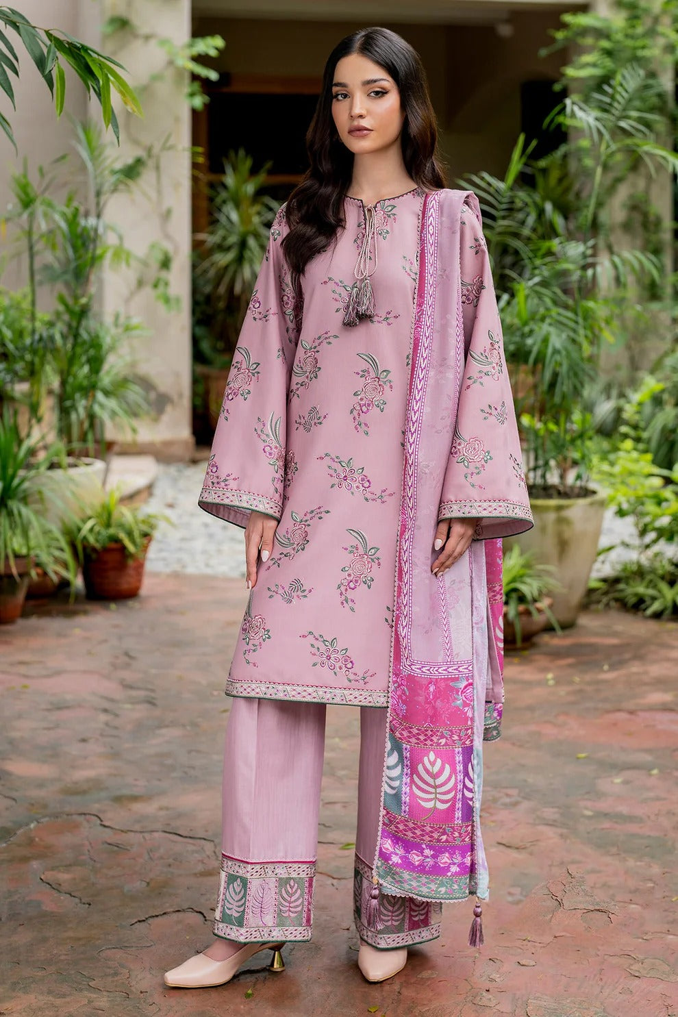 Jazmin 3PC Dhanak Embroidered Shirt with Digital Printed Shawl – ZC288
