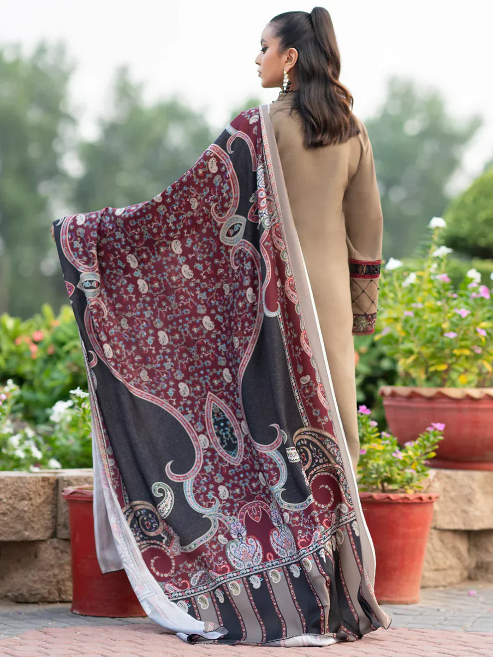 Dhanak 3PC Embroidered Shirt with Printed Wool Shawl – ZC254