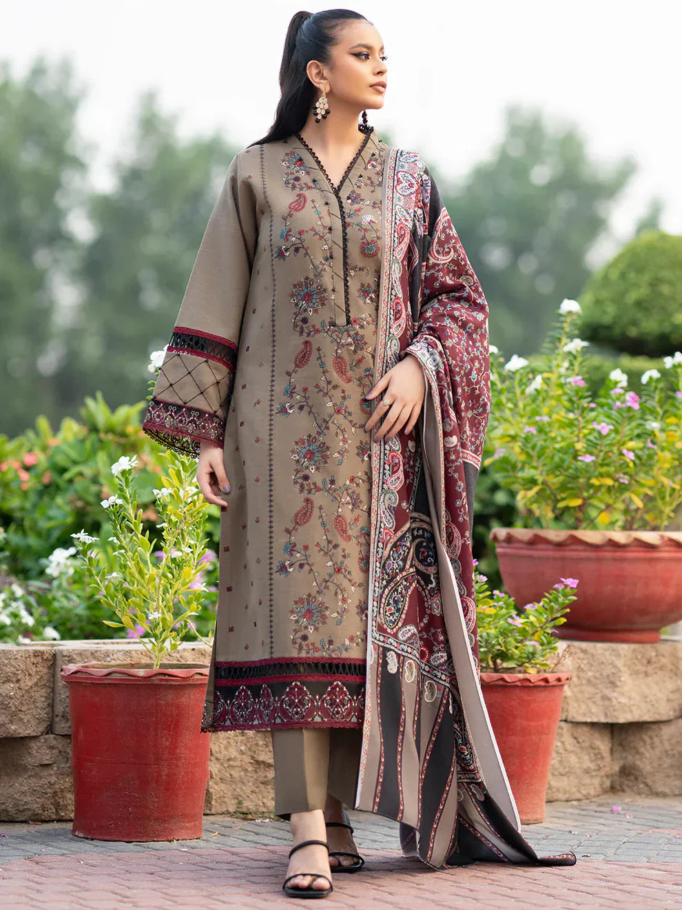Dhanak 3PC Embroidered Shirt with Printed Wool Shawl – ZC254