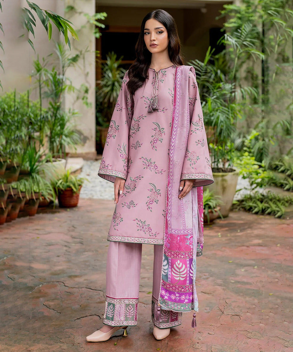 Jazmin 3PC Dhanak Embroidered Shirt with Digital Printed Shawl – ZC288