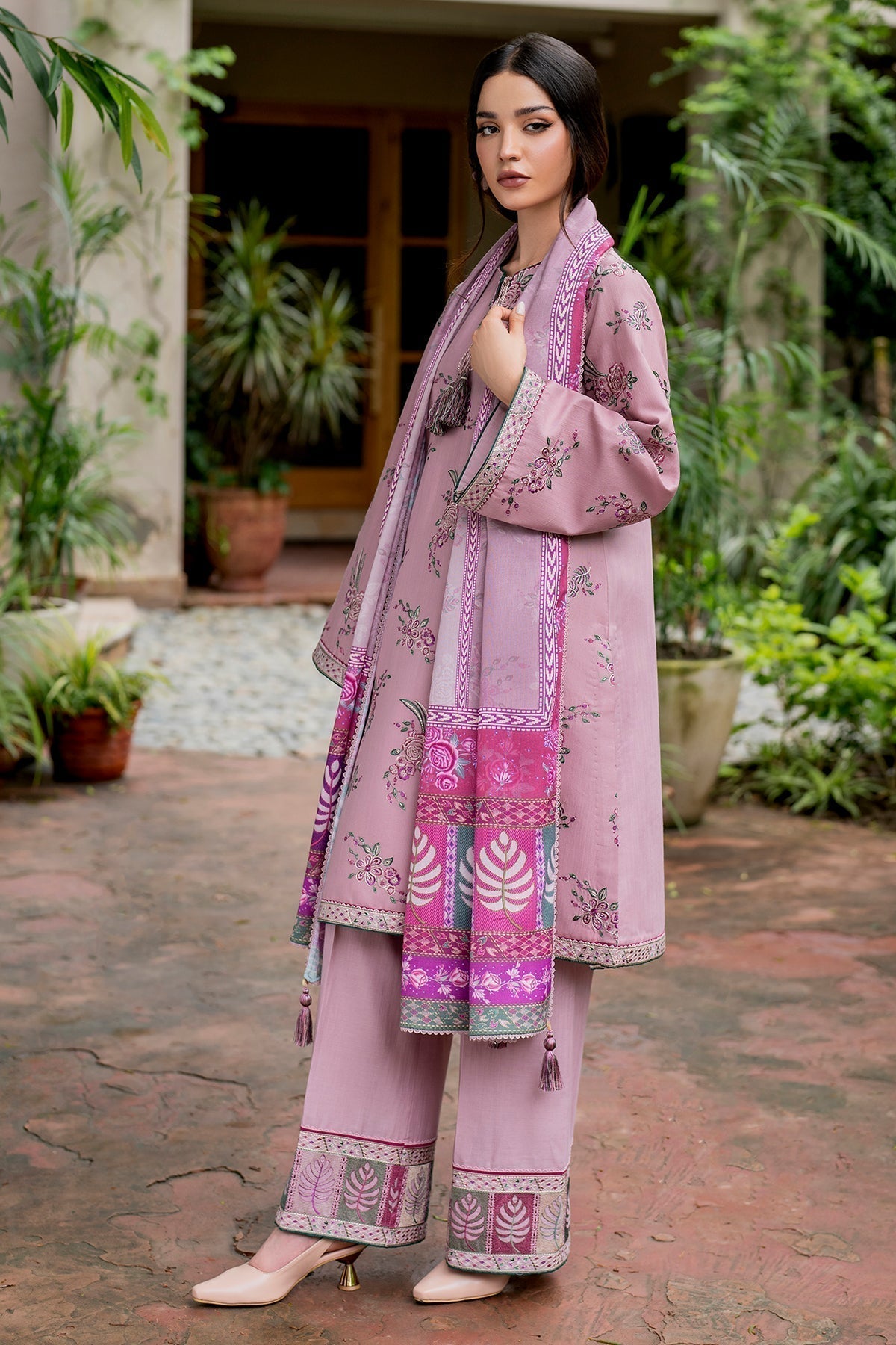 Jazmin 3PC Dhanak Embroidered Shirt with Digital Printed Shawl – ZC288