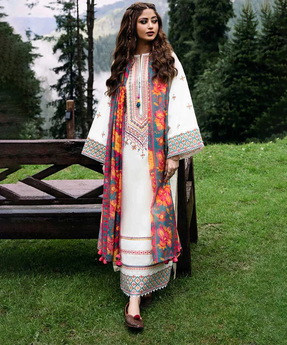 Sapphire Dhanak 3PC Embroidered Shirt with Printed Wool Shawl – ZC255
