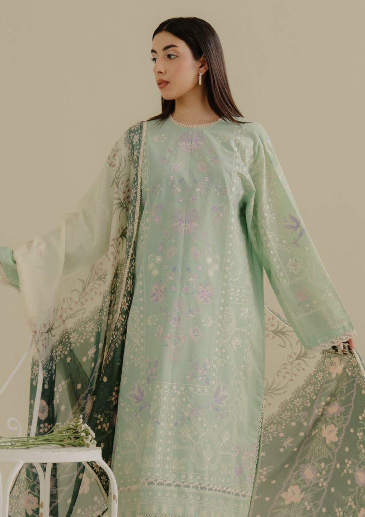 Lawn 3PC Embroidered Shirt with Digital Printed Jacquard Dupatta – ZC1388