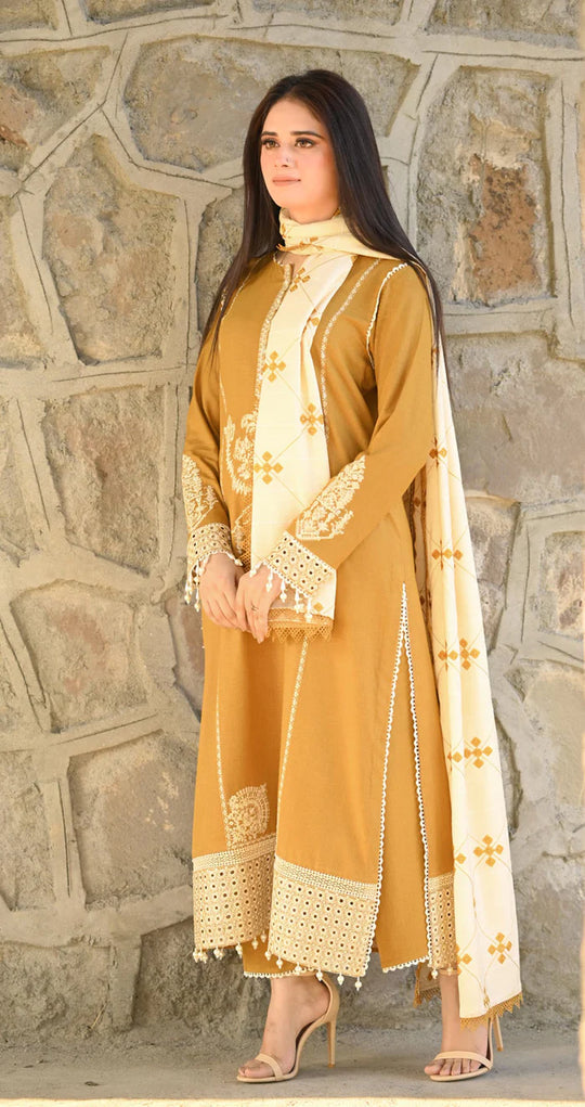 Dhanak-3PC Embroidered Shirt with Dhanak Embroidered Dupatta -3423