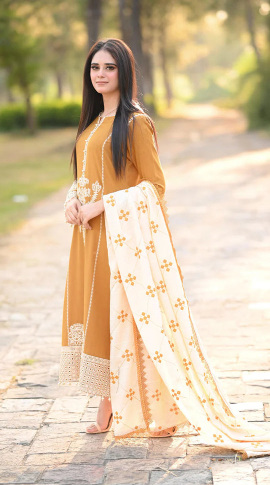 Dhanak-3PC Embroidered Shirt with Dhanak Embroidered Dupatta -3423