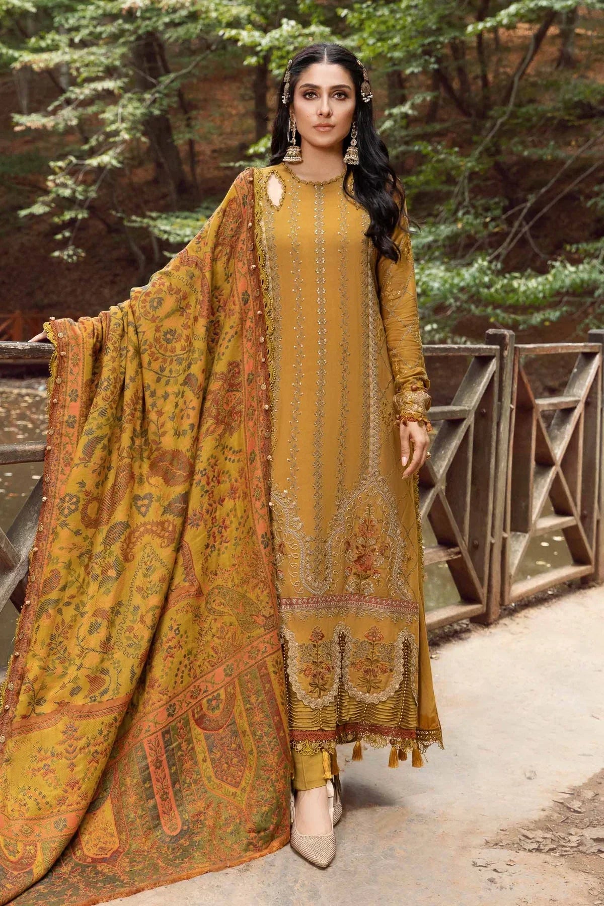 MARIA B. Dhanak Luxe 3PC Embroidered Dress with Printed Pashmina Wool Shawl – ZC116