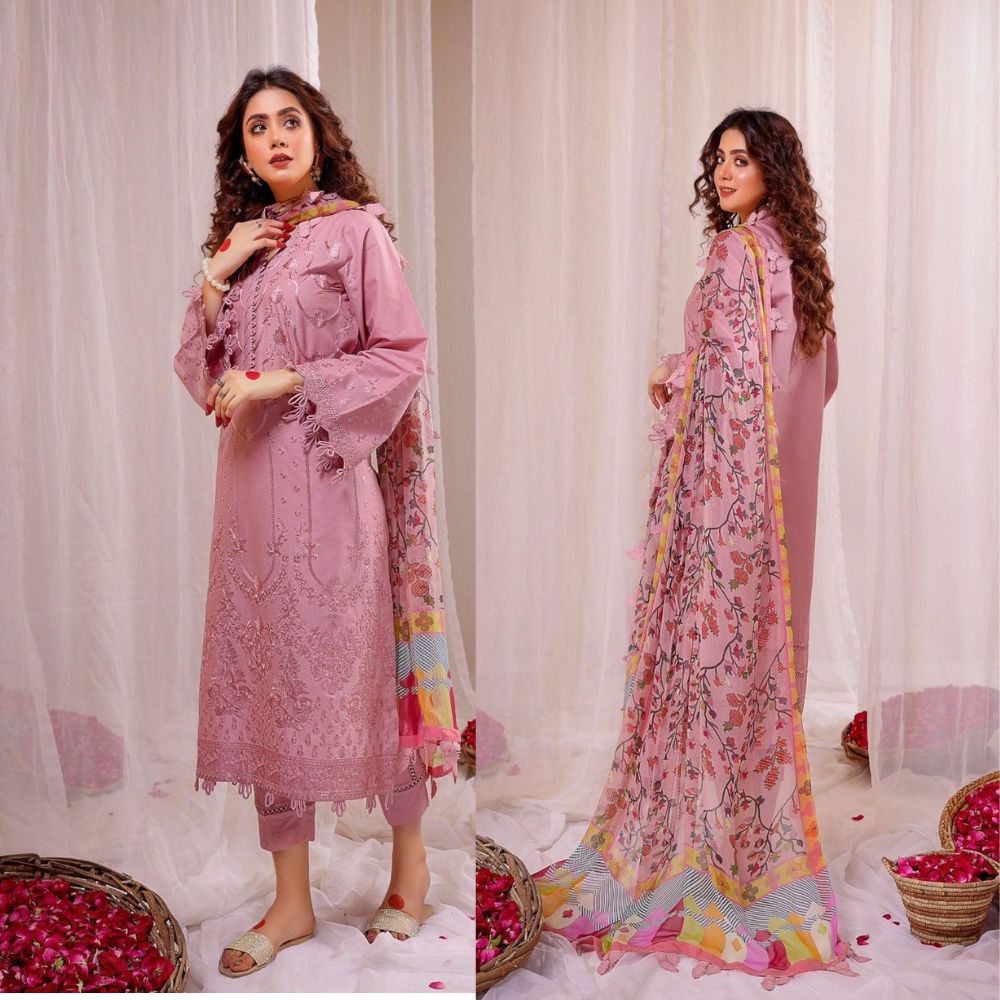 Female Studio Dhanak 3PC Embroidered Suit with Digital Printed Shawl – ZC664