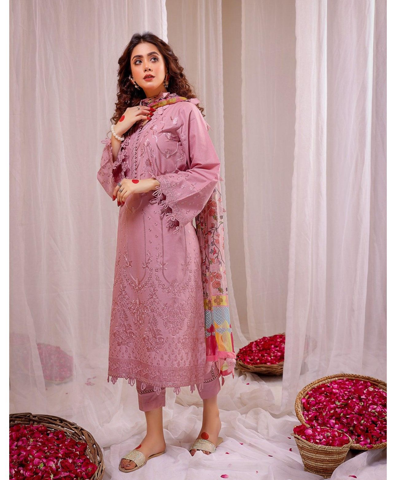 Female Studio Dhanak 3PC Embroidered Suit with Digital Printed Shawl – ZC664