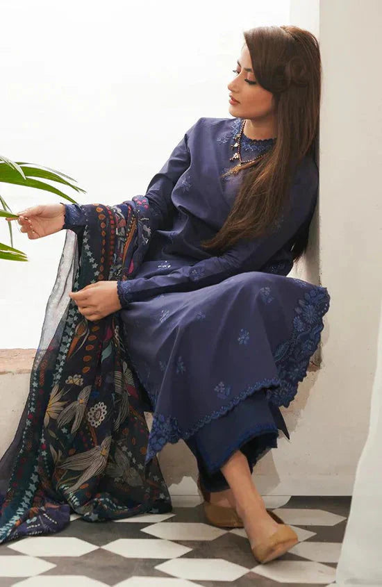 SERAN 3PC Dhanak Embroidered Shirt with Printed Wool Shawl – ZC666