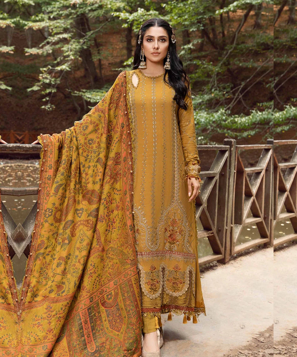 MARIA B. Dhanak Luxe 3PC Embroidered Dress with Printed Pashmina Wool Shawl – ZC116